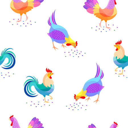 Stylized Chickens. Roosters seamless pattern,  illustration. Chinese New Year symbol design isolated on white background.のイラスト素材