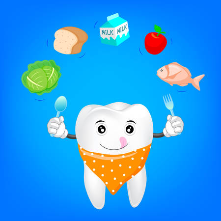 Cute cartoon tooth character holding a spoon and fork. Dental friendly food concept. illustration.のイラスト素材
