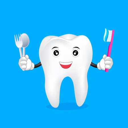 Cute cartoon tooth character holding toothbrush, fork and spoon. illustration, great for dental health care concept.のイラスト素材