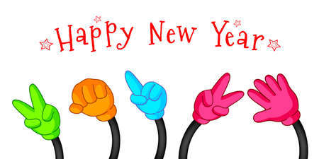 Happy New Year with colorful hand sign. Cartoon illustration isolated on white background.のイラスト素材