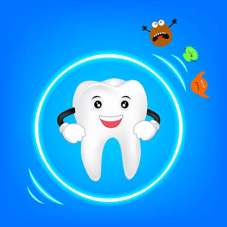 Cute tooth  character protected from bacteria by barrier protection. Dental care concept illustration.のイラスト素材