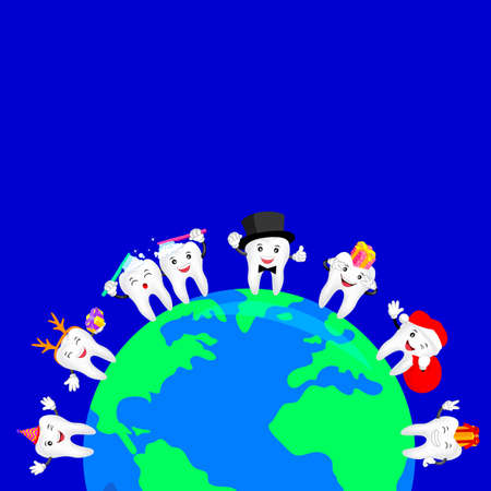 Cute cartoon tooth character on Globe. Illustration, dental care concept.のイラスト素材