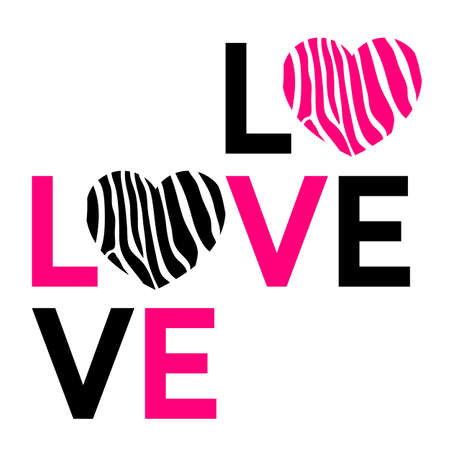 Retro-styled text design of LOVE with heart in zebra stripes.Vector illustration isolated on white background.のイラスト素材