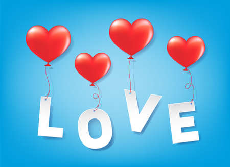 Heart shape balloons with love text. Concept of love and valentine's day,  Illustration.のイラスト素材