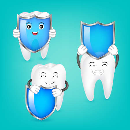 Set of happy smiling tooth character with shield. Illustration on blue background, Dental care concept.のイラスト素材
