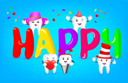 Happy Text with cute cartoon white tooth character. Dental care concept,  illustration.のイラスト素材
