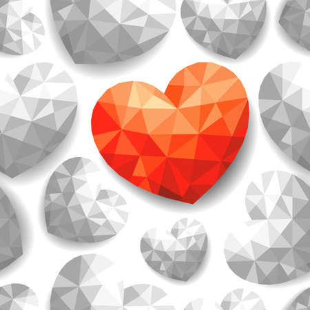 Red heart contrast with many gray hearts. polygonal seamless pattern.  Illustration, In love concept. Happy valentine's day.のイラスト素材