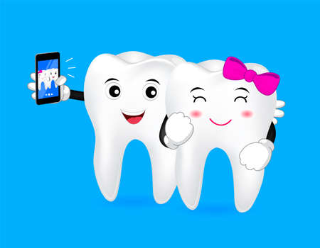 Happy cartoon tooth take photo by phone. Illustration,  great for dental care concept.のイラスト素材