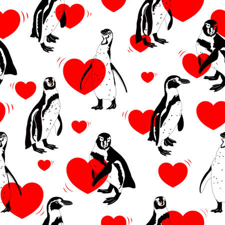 Black and white penguins with red heart. Seamless pattern, illustration isolated on white background.のイラスト素材