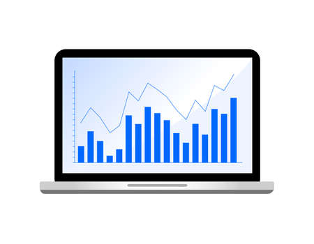 Blue bar graph in labtop monitor, flat design. Vector illustration isolated on white background.のイラスト素材
