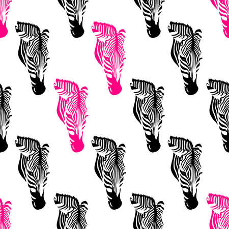 zebra heads seamless pattern, black and pink on white. Savannah Animal ornament. Wild animal texture. design trendy fabric texture, vector illustration.のイラスト素材