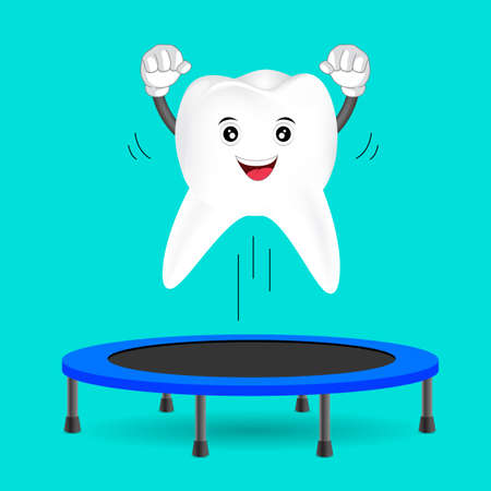 Tooth character jumping on trampoline gymnastic. Dental health care concept, illustratation isolated on green background.のイラスト素材