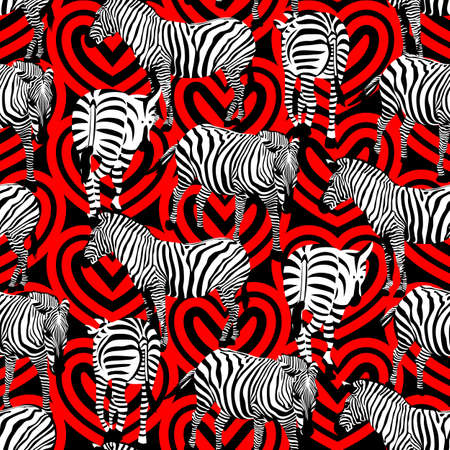 zebra seamless pattern. Striped black and white on red heart shape background. Wild animal texture. design trendy fabric texture, illustration.のイラスト素材