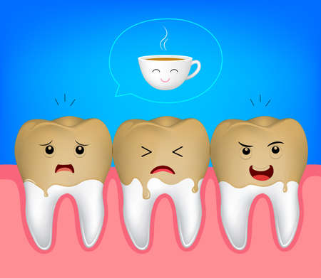 Tooth character with cooffee stains. Coffee makes your teeth yellow. Funny illustration.のイラスト素材