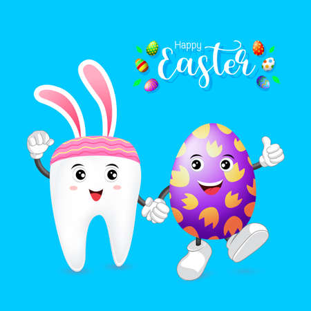 Cute tooth character with Easter egg. Hand in hand. Happy Easter concept, illustration.のイラスト素材