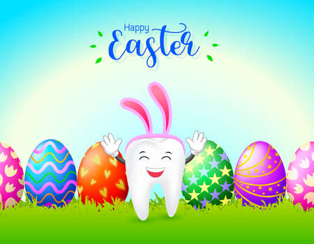 Bunny tooth character with eggs of Easter day. Dental Easter, illustrationのイラスト素材