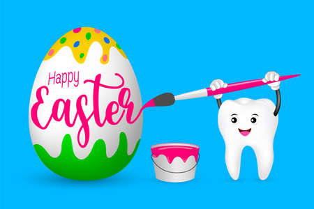 Cute cartoon tooth painting Easter egg by paintbrush. Happy Easter Day concept. Illustration...