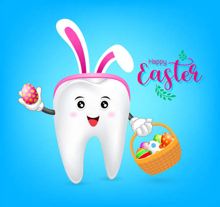 Bunny tooth character with basket of Easter eggs. Dental Easter, illustration on blue background.のイラスト素材