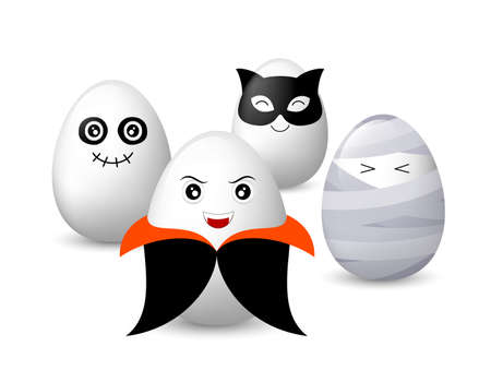 Funny egg characters set. horror illustration concept, dracula, ghost, black cat and mummy isolated on white background.のイラスト素材