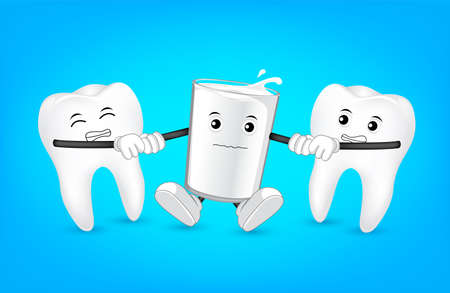 Tooth characther pull the glass of milk's hand. Need calcium concept, illustration on blue...