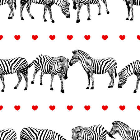 Zebra with red heart seamless pattern. Wild animal texture. Striped black and white. design trendy fabric texture, vector illustration.のイラスト素材