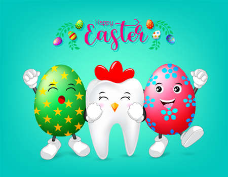 Hen tooth character with happy eggs of  Easter day. Dental Easter, illustration on green background.