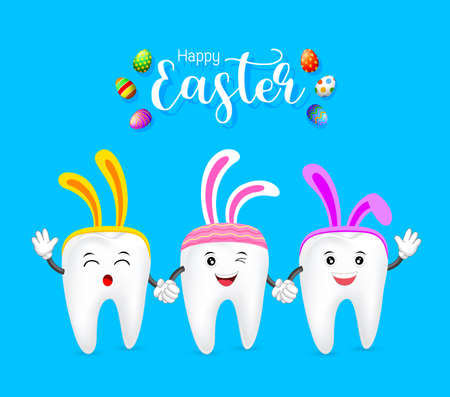 Cute tooth characters with rabbit ears decoration. Happy Easter concept. illustration isolated on blue background.のイラスト素材