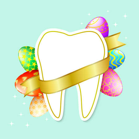 White tooth with colorful eggs and ribbon. Happy Easter concept. illustration with place for text.のイラスト素材