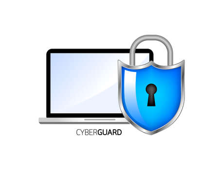 Shield With laptop. Cyber security icon design. Privacy concept. Illustration isolated on white background.のイラスト素材