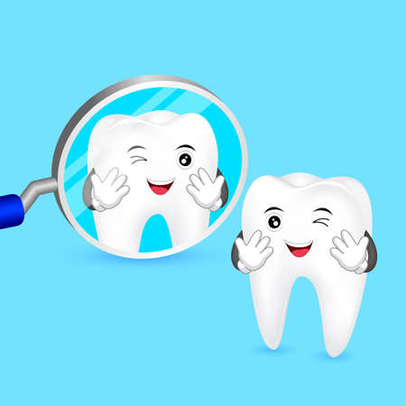 Cute cartoon teeth smile to you in the mirror. Dental care concept, illustration.のイラスト素材