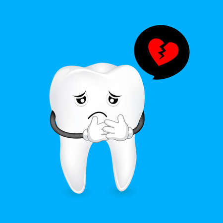 Cute cartoon tooth character sadness. Broken heart concept, illustration.のイラスト素材