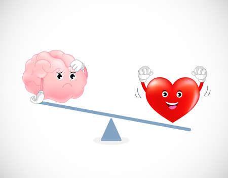 Cute cartoon brain and heart on scale. Concept of balance between logic and emotion. Vector illustration.のイラスト素材