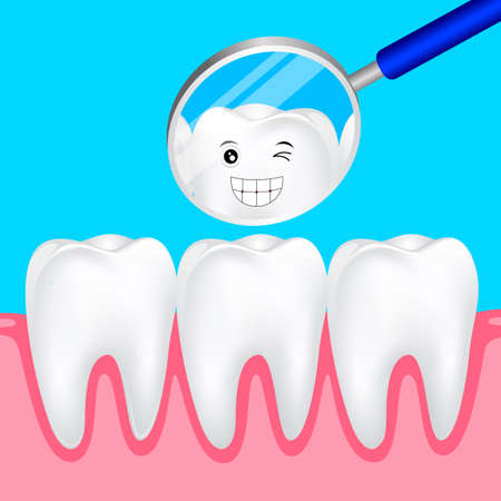 Cute cartoon teeth smile to you in the mirror. Dental care concept, illustration.のイラスト素材