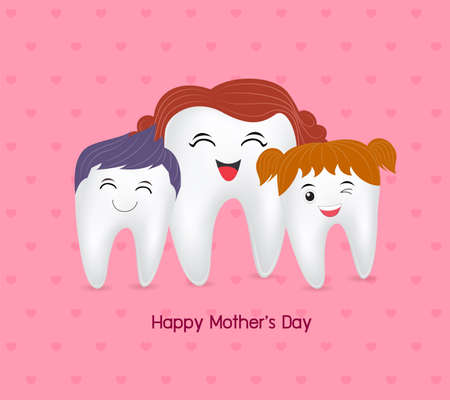 Cute cartoon tooth family. Happy Mother Day, great for health dental care concept. Illustration on pink backgroundのイラスト素材