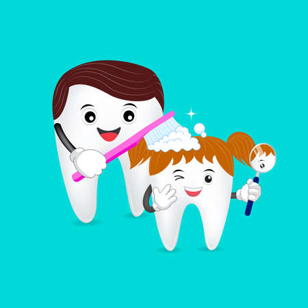 Cute cartoon tooth family. Dad brushing tooth daughter. Happy father Day, great for health dental care concept. illustration on green background.のイラスト素材