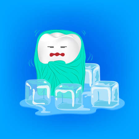 Sensitive teeth. Cute cartoon tooth character with blanket and ice.  Dental care concept.  Illustration on blue background. Great for Poster, Banner design.のイラスト素材