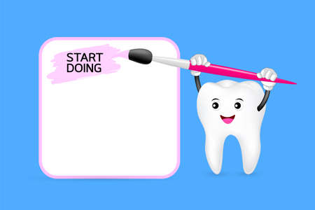 Cute tooth character painting. Frame of square with copy space. Start doing, dental care concept. Illustration isolated on blue background.のイラスト素材