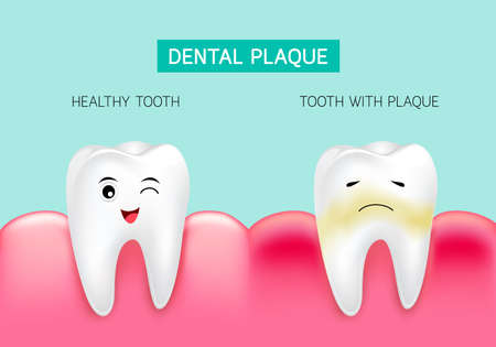 Dental plaque with inflammation and healthy tooth. Cute cartoon design, illustration isolated on...