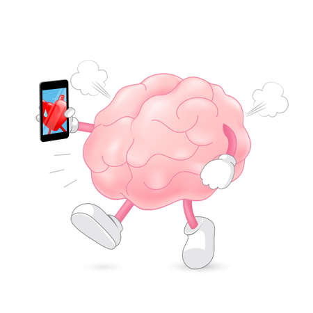 Angry brain character talking with heart via mobile phone.のイラスト素材