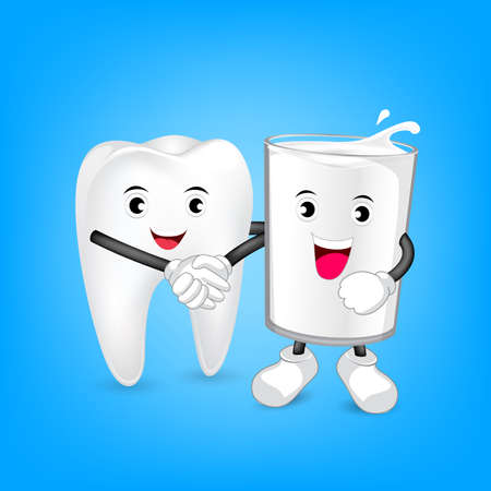 Glass of milk and tooth character shaking hands. Friends forever. Milk is good for teeth. Dental care concept, illustration on blue background.のイラスト素材