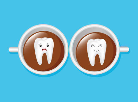 Tooth characters on a cup of coffee. Sadness and happiness expression. Dental care concept, illustration.のイラスト素材