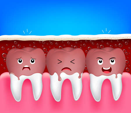 teeth problem of aerated soft drink. Cute cartoon tooth characters, funny illustration. Dental care concept.のイラスト素材