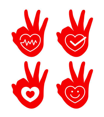 Set of  health care and medical icon design. heart symbols in ok hand sign. Creative vector illustration isolated on white background.のイラスト素材