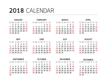 Calendar Year design on White Background. Week Starts Sunday. Simple Vector Template.のイラスト素材