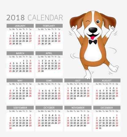 Funny cartoon dogs characters. Cute Beagle dancing calendar. Happy dog year concept. Illustration isolated on white background.のイラスト素材