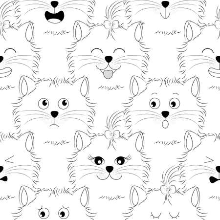 Cute cat with funny face seamless pattern. hand drawn style. Vector illustration isolated on white background.のイラスト素材