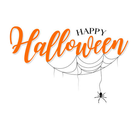 Happy Halloween lettering design. Holiday calligraphy with spider and web, isolated on white background. For poster, banner, greeting card, invitation.のイラスト素材