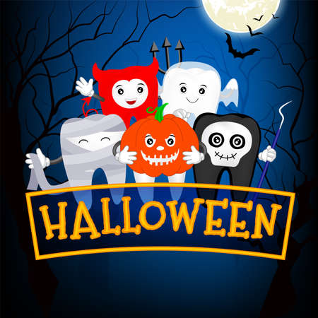 Fuuny cute cartoon tooth character. Devil, ghost, mummy, pumpkin and skull devil  in moon night, happy Halloween concept. Design for banner, poster, greeting card. Illustration.のイラスト素材