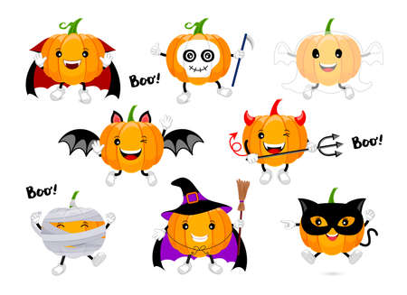 Set of cute cartoon pumpkin character design. Happy Halloween day concept with dracula, skull, ghost, bat, devil, mummy, witch and black cat. Illustration isolated on white background.のイラスト素材