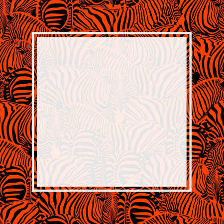 Zebra print border design. Animal skin texture. Orange and black color seamless pattern with square frame, space for your text. illustation. Separated layer between graphic and background.のイラスト素材